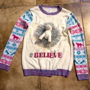 Holiday Sweater w. Crew neck. Guaranteed Ugly w. Sparkles and an ivory unicorn.